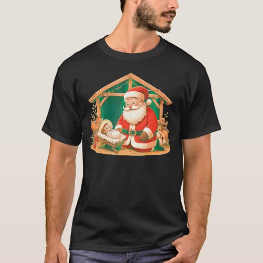 T-shirt Noël Kneeling Père Noël avec le bébé Jésus (Devant)