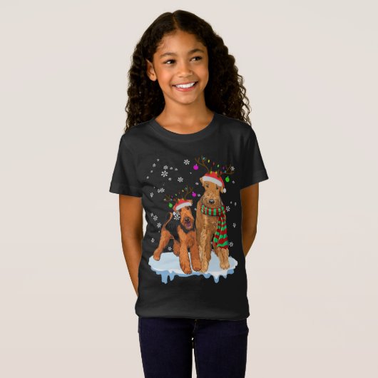 T-Shirt Noël mignon Airedale Terrier Santa Hats Reindee (Devant entier)
