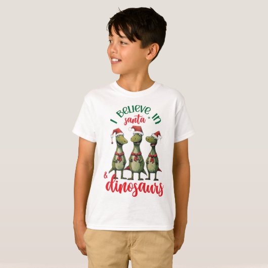 T-shirt Noël mignon Je crois en Père Noël et les dinosaure (Devant entier)