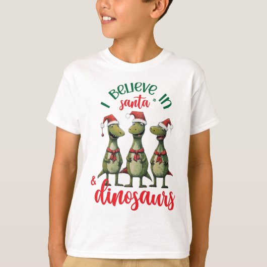 T-shirt Noël mignon Je crois en Père Noël et les dinosaure (Devant)