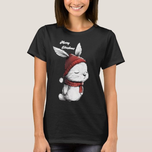 T-shirt Noël mignon lapin Casquette rouge (Devant)