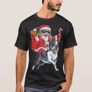 T-shirt Noël Père Noël équitation Boston Terrier Noël B