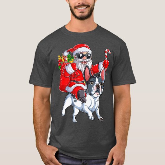 T-shirt Noël Père Noël équitation Français Chien-taureaux  (Devant)
