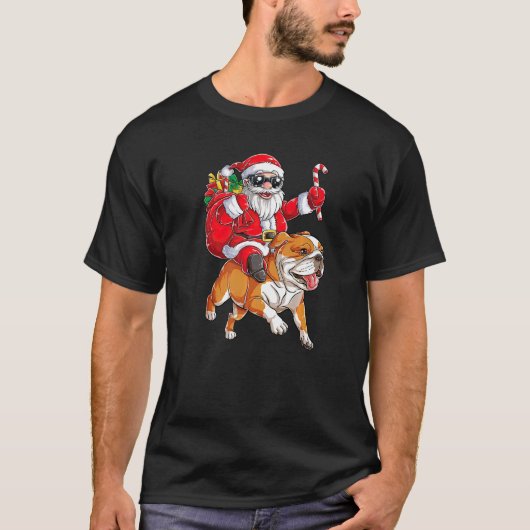T-shirt Noël Santa Claus équitation anglais Bulldog Joyeux (Devant)
