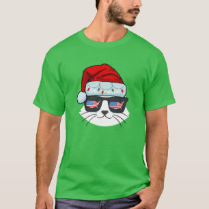 T-shirt Noël Santa Hat avec visage de chat Usa Flag Speds