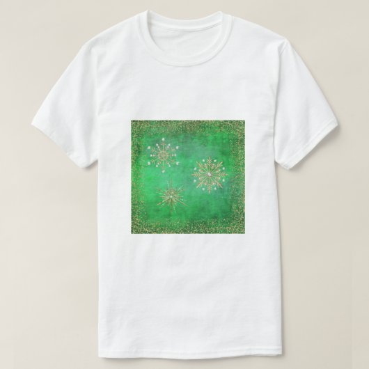T-shirt Noël Snowflakes Parties scintillant verte et or (Design devant)
