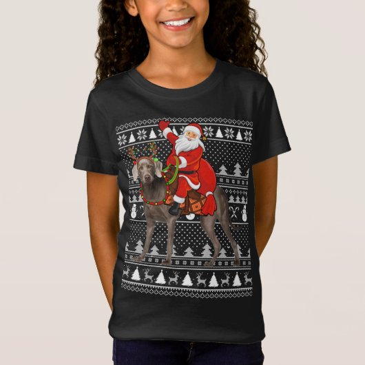 T-Shirt Noël Vacances Père Noël laid équitation Weimaraner (Devant)
