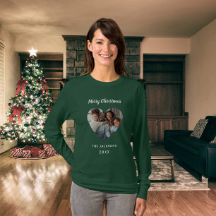 T-shirt Noël vert de la famille photo du coeur mère