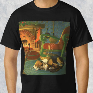 T-shirt Noël vintage, Animaux endormis près de la cheminée