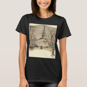 T-shirt Noël vintage, église dans un paysage hivernal enne