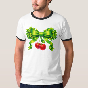 T-shirt Nœud Trèfle Chanceux avec Cerises Design Vert