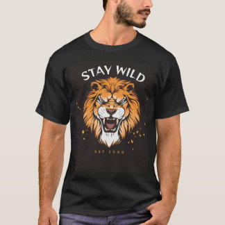 T-shirt noir à demi-manches avec motif de lion