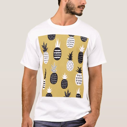 T-shirt Noir, ananas blanc, arrière - plan jaune (Devant)