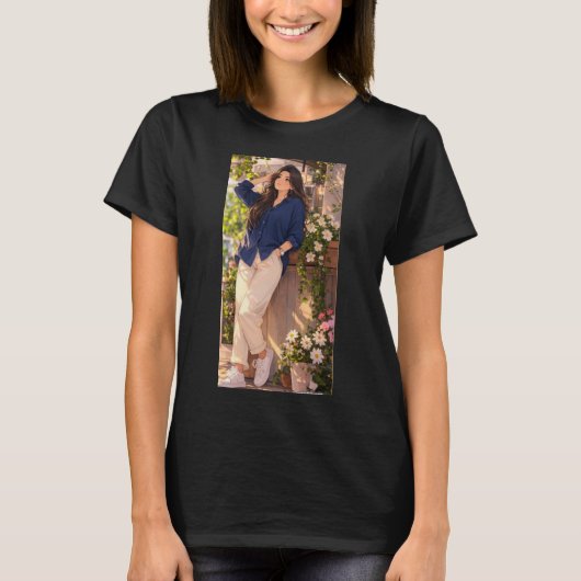 T-shirt noir avec impression girly dessus. (Devant)