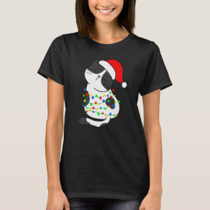 T-shirt Noir Blanc Chat Noël Arbre Lumières Santa Hat Ca
