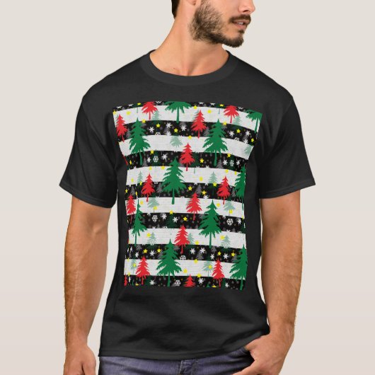 T-shirt Noir Blanc Stripes Neiges Rouge Vert Arbres (Devant)