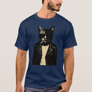 T-shirt Noir Cat en cuir
