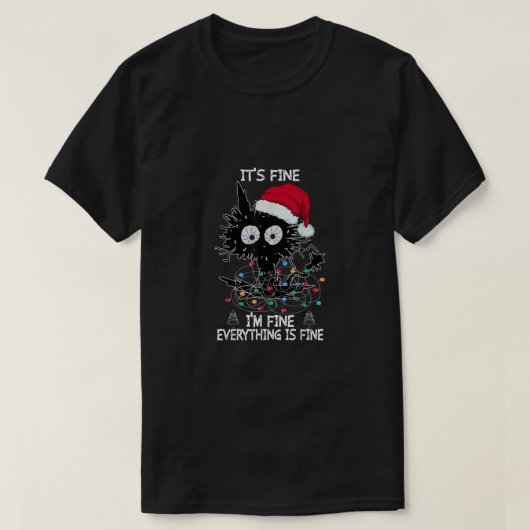 T-shirt Noir Chat noël C'est bon Je vais bien tout (Design devant)