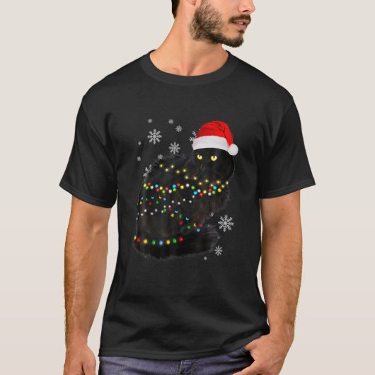 T-shirt Noir Chat Noël Lumière Drôle Chat Vilain Noël (Devant)