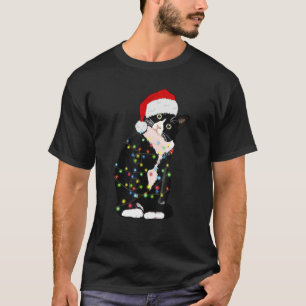 T-shirt Noir Chat Noël Lumière Santa Chapeau Chat Noël