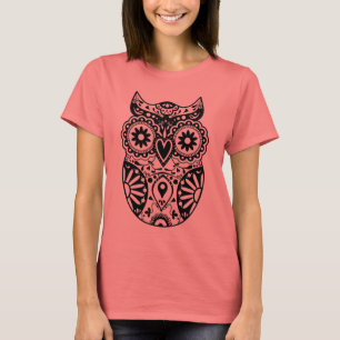 T-shirt Noir et blanc de hibou de crâne de sucre
