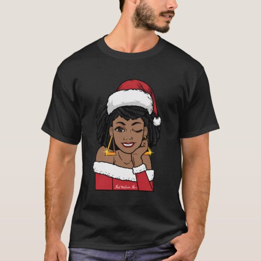 T-shirt Noir Mme Claus W Afro Winking afro-américain Ch (Devant)
