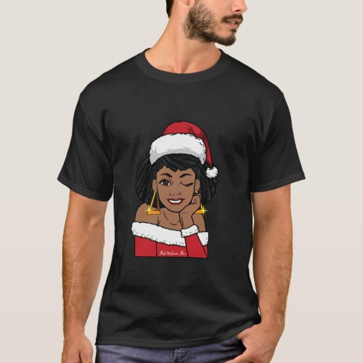 T-shirt Noir Mme Claus W Afro Winking afro-américain Ch (Devant)
