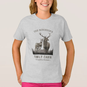 T-shirt Nom de famille Cabine Cerf Pine Tree Forest Grey
