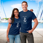 T-shirt Nom de famille personnalisé Ancre nautique bateau<br><div class="desc">Un design nautique avec une ancre,  des rayures bleu marine et blanches élégantes et personnalisées avec votre nom de famille ou de bateau et date établie. Conçu par Thisisnotme©</div>