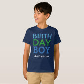 T-shirt Nom de garçon d'anniversaire bleu et vert gras (Devant entier)