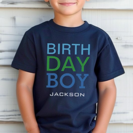 T-shirt Nom de garçon d'anniversaire bleu et vert gras