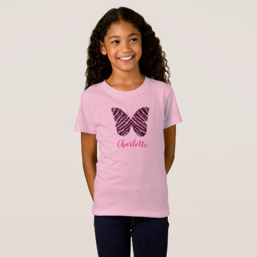 T-Shirt Nom de papillon rose Monogramme (Devant entier)