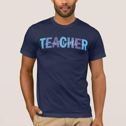 T-shirt Nom de script d'enseignant Bleu et Violet Hommes (Devant)