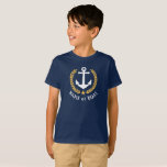 T-shirt Nom du bateau Ancre Gold Laurel Feuilles garçons M<br><div class="desc">Un ancre nautique conçu sur mesure,  des feuilles de lauriers de style or et une étoile d'or avec et votre nom personnalisé ou nom de bateau sur un t-shirt bleu marine garçon. Plusieurs couleurs au choix. Fait un grand cadeau.</div>