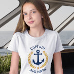 T-shirt Nom du bateau capitaine Ancre Gold Laurel Feuilles<br><div class="desc">Un ancre nautique conçu sur mesure,  des feuilles de lauriers de style or et une étoile d'or avec grade de capitaine ou autre titre et votre nom ou nom de bateau personnalisé sur un t-shirt de filles. Plusieurs couleurs au choix. Fait un grand cadeau.</div>