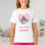T-shirt Nom du coeur photo fille rose<br><div class="desc">Personnalisez et ajoutez un nom et une photo dans le cadre en forme de coeur. Texte rose.</div>