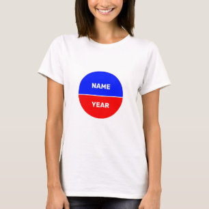 T-shirt Nom et année sur cercle bleu et rouge