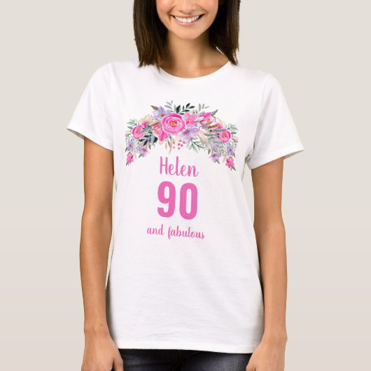 T-shirt Nom floral rose 90e anniversaire (Devant)