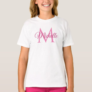 T-shirt Nom Monogramme Personnalisé Filles Blanches Et Ros
