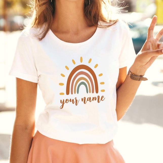 T-shirt Nom personnalisé Boho Earth Tone Rainbow Sun