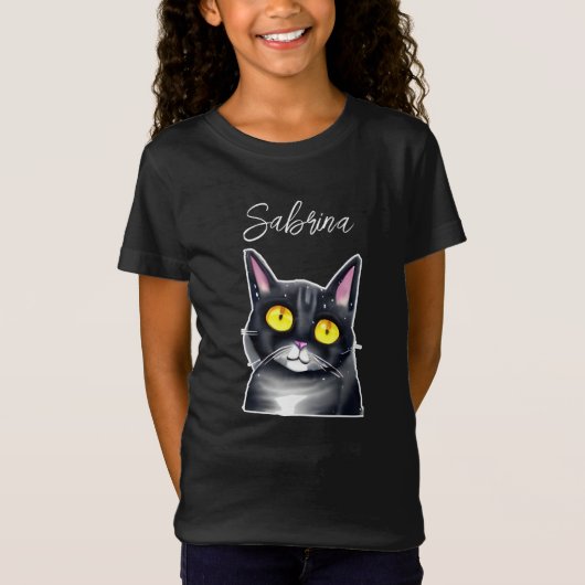 T-Shirt Nom personnalisé | Cute chat noir Yellow Eyes (Devant)