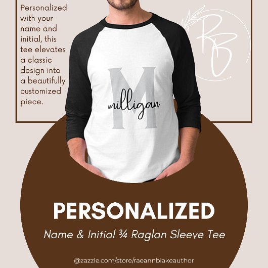 T-shirt Nom personnalisé & Initiale 3/4 Raglan Sleeve Tee