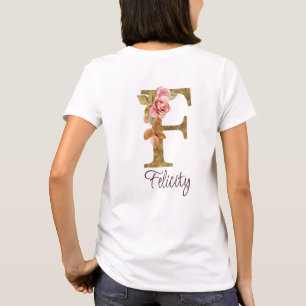 T-shirt Nom personnalisé Lettre F Rose Blush Feuille Or