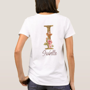 T-shirt Nom personnalisé Lettre I Feuille d'or Roses rose