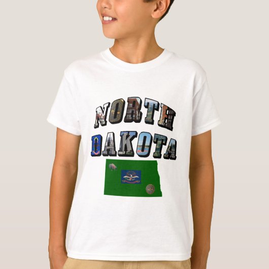T-shirt North Dakota Image Texte, Carte, Drapeau de l'État (Devant)