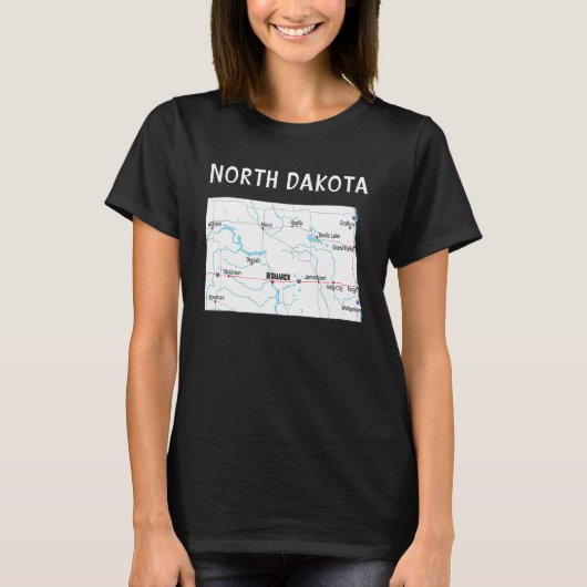 T-shirt North Dakota Us State Map Highways Waterways Major (Devant)