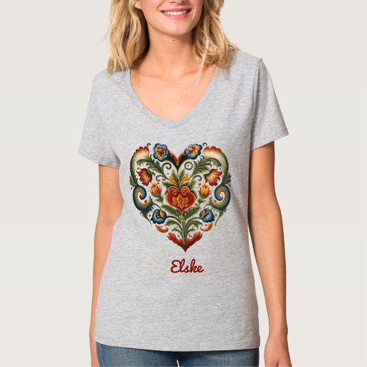 T-shirt Norwegian Rosemaling Folk Art Coeur "Amour" (Devant)