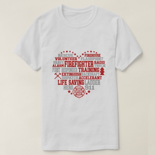 T-shirt Nuage de mots en forme de coeur du pompier (Design devant)