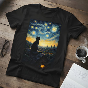 T-shirt Nuit étoilée amusante Chat noir et ciel tourbillon