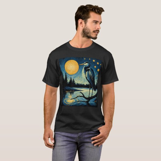 T-shirt Nuit étoilée Grand Héron Bleu Van Gogh Oiseau Amou (Devant entier)
